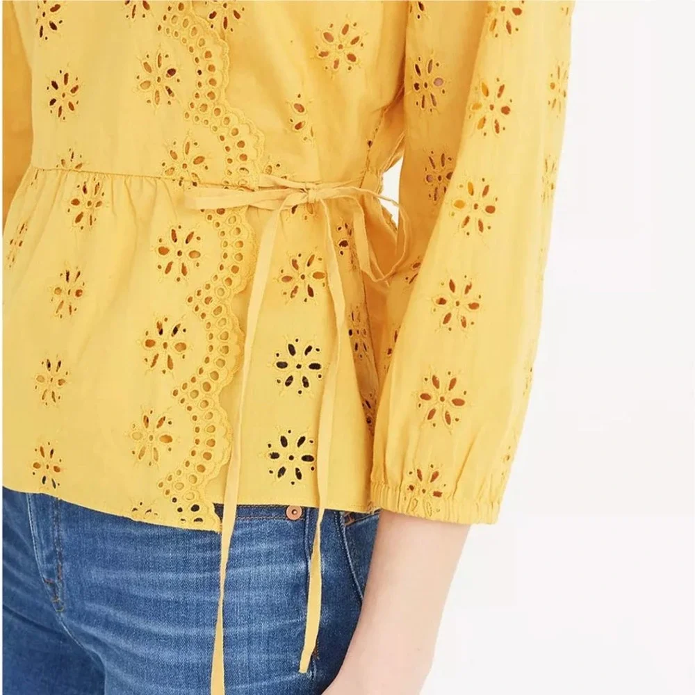 Madewell Mustard Yellow Scalloped Eyelet Wrap Top SIze Extra Extra Small - Picture 16 of 16